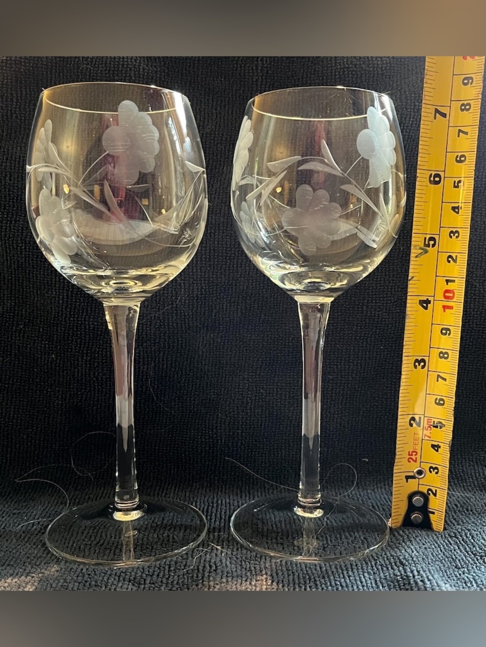 Vintage etched crystal wine glasses, floral and leaf pattern, set of 2